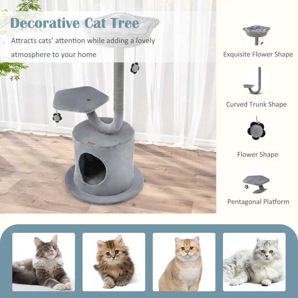 42 Inch Cat Tree with Curved Metal Supporting Frame and Sisal Scratching Board-Gray - Gray - Cat Trees Condos &