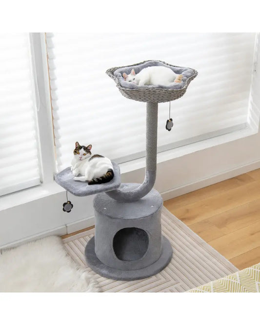 42 Inch Cat Tree with Curved Metal Supporting Frame and Sisal Scratching Board-Gray - Gray - Cat Trees Condos &