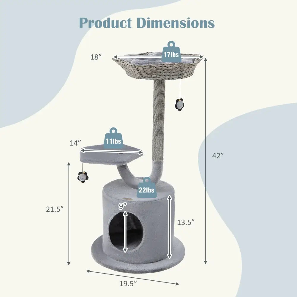 42 Inch Cat Tree with Curved Metal Supporting Frame and Sisal Scratching Board-Gray - Gray - Cat Trees Condos &