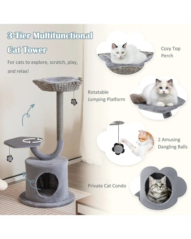 42 Inch Cat Tree with Curved Metal Supporting Frame and Sisal Scratching Board-Gray - Gray - Cat Trees Condos &