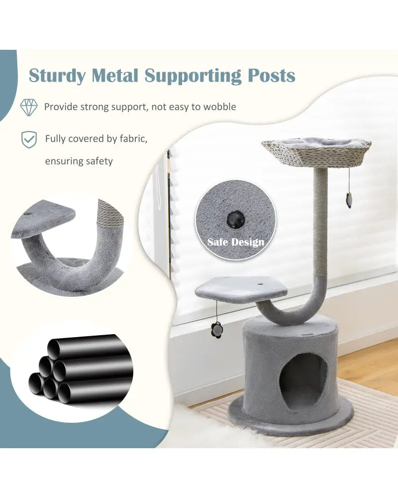 42 Inch Cat Tree with Curved Metal Supporting Frame and Sisal Scratching Board-Gray - Gray - Cat Trees Condos &