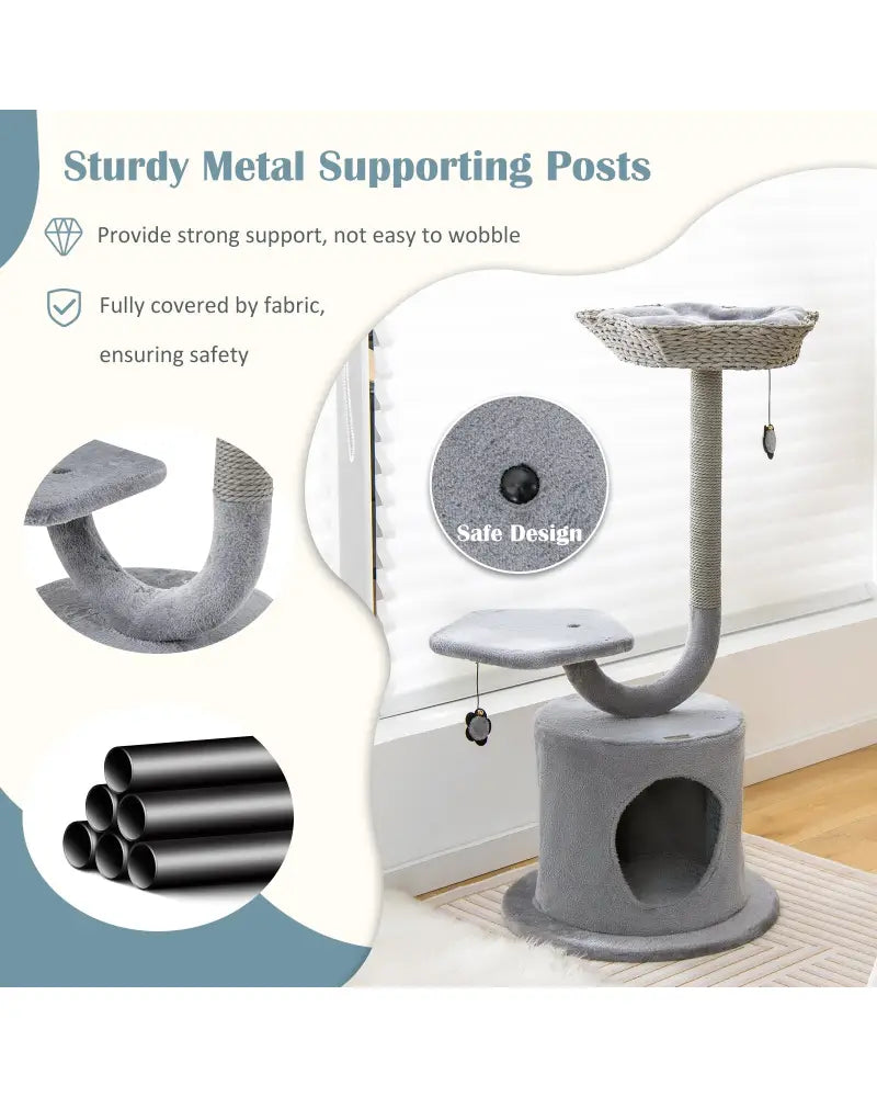 42 Inch Cat Tree with Curved Metal Supporting Frame and Sisal Scratching Board-Gray - Gray - Cat Trees Condos &