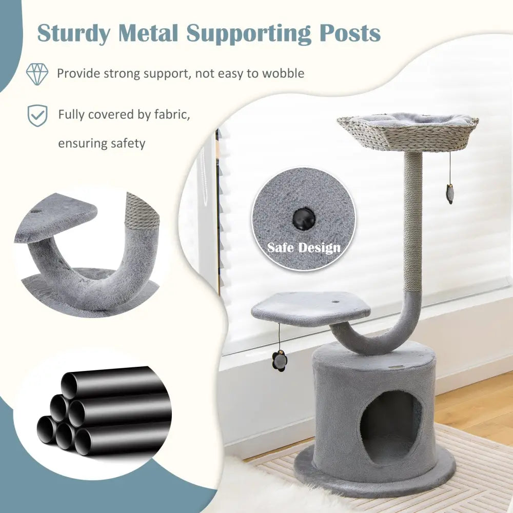 42 Inch Cat Tree with Curved Metal Supporting Frame and Sisal Scratching Board-Gray - Gray - Cat Trees Condos &
