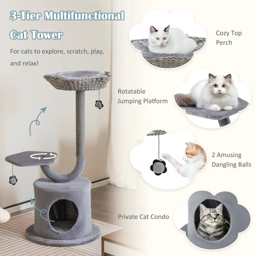 42 Inch Cat Tree with Curved Metal Supporting Frame and Sisal Scratching Board-Gray - Gray - Cat Trees Condos &