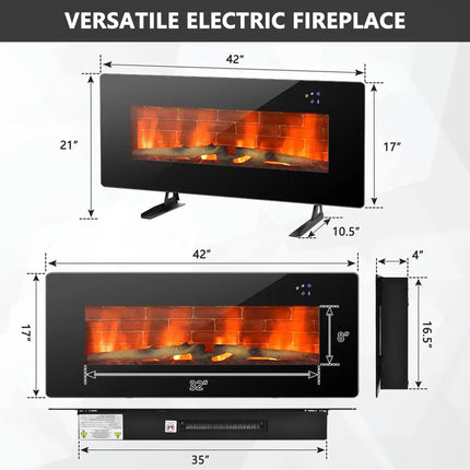 42 Inch Electric Wall Mounted Freestanding Fireplace with Remote Control - Black - Oasis Home Essentials