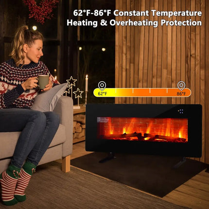 42 Inch Electric Wall Mounted Freestanding Fireplace with Remote Control - Black - Oasis Home Essentials