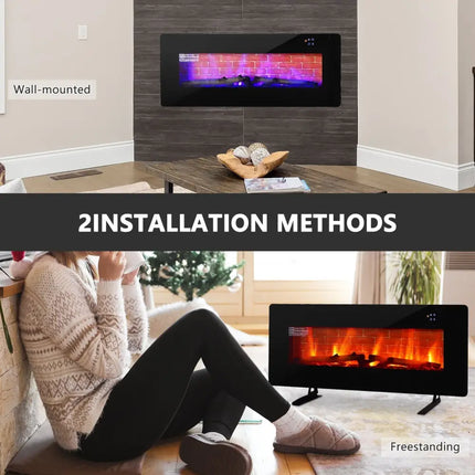 42 Inch Electric Wall Mounted Freestanding Fireplace with Remote Control - Black - Oasis Home Essentials