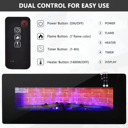 42 Inch Electric Wall Mounted Freestanding Fireplace with Remote Control - Black - Oasis Home Essentials