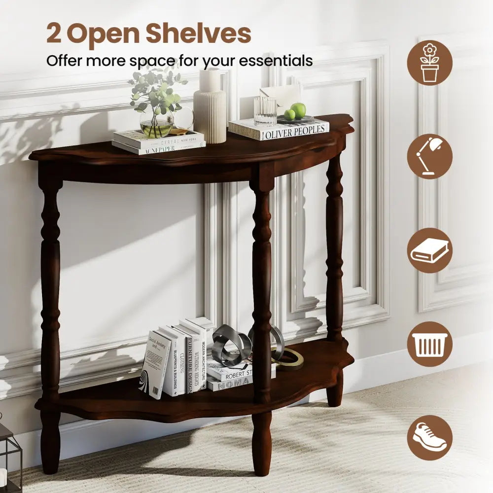 42 Inch Half Moon Console Table with Shelf and Rubber Wood Legs-Espresso - Espresso - Console Tables