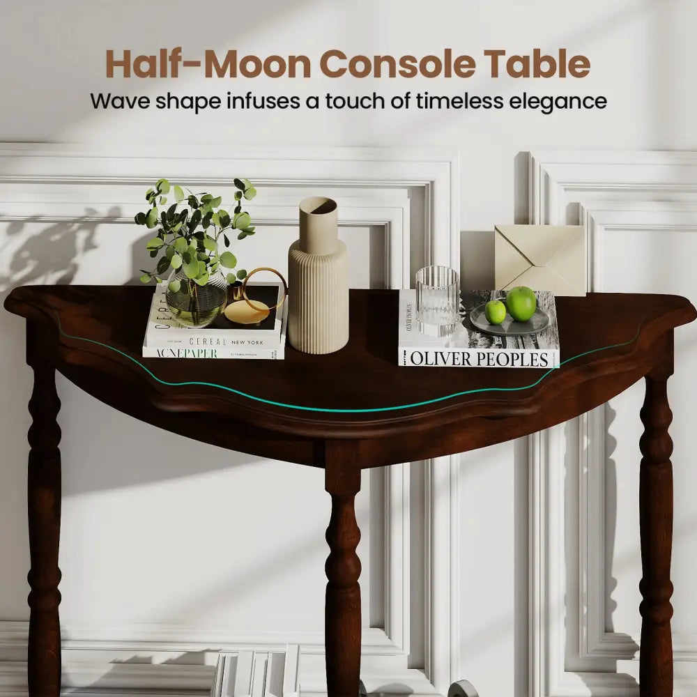42 Inch Half Moon Console Table with Shelf and Rubber Wood Legs-Espresso - Espresso - Console Tables