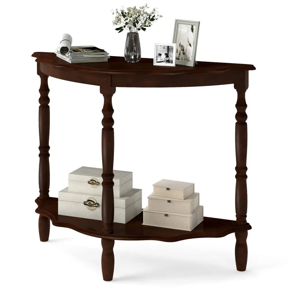 42 Inch Half Moon Console Table with Shelf and Rubber Wood Legs-Espresso - Espresso - Console Tables