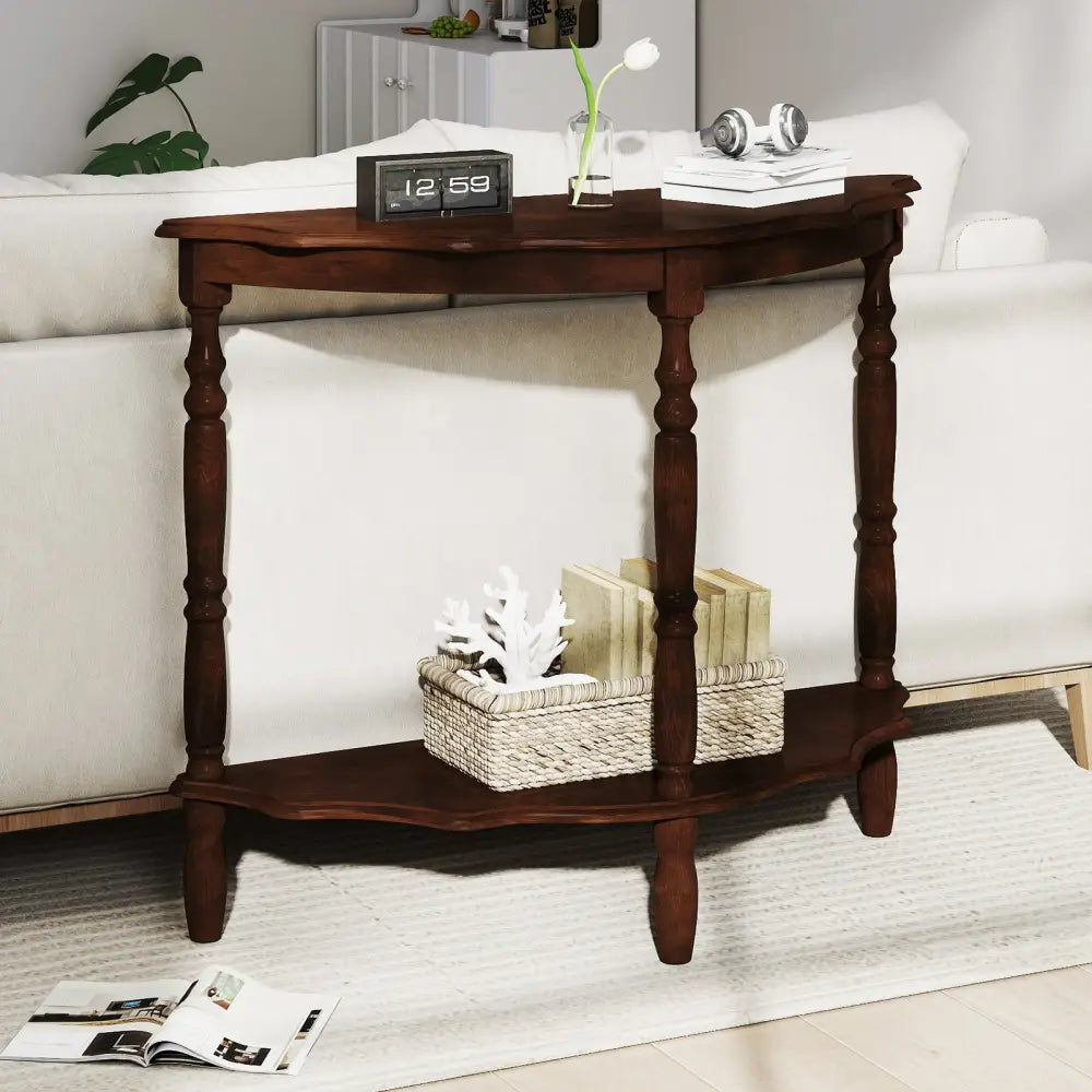 42 Inch Half Moon Console Table with Shelf and Rubber Wood Legs-Espresso - Espresso - Console Tables