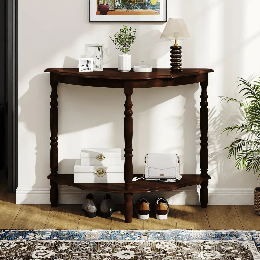 42 Inch Half Moon Console Table with Shelf and Rubber Wood Legs-Espresso - Espresso - Console Tables