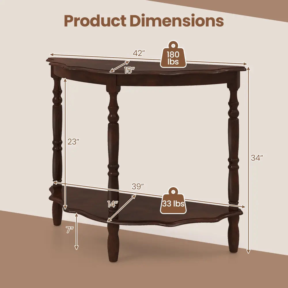 42 Inch Half Moon Console Table with Shelf and Rubber Wood Legs-Espresso - Espresso - Console Tables