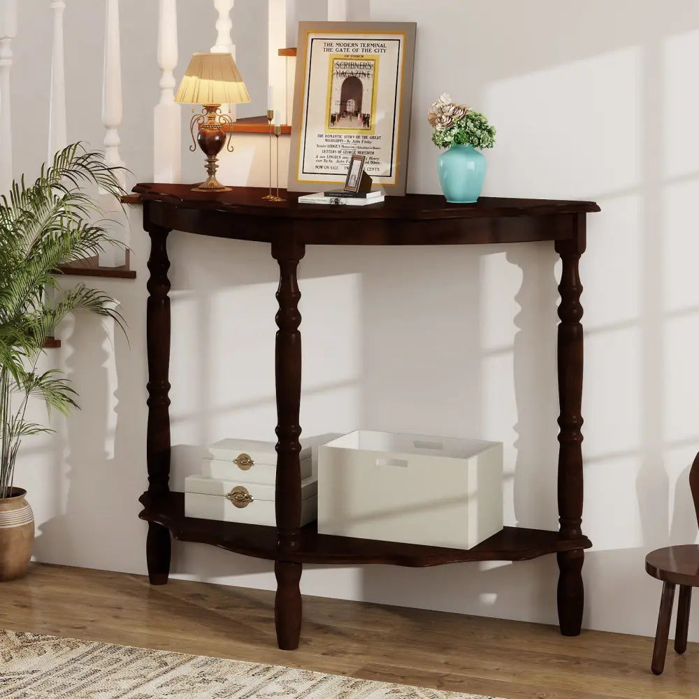 42 Inch Half Moon Console Table with Shelf and Rubber Wood Legs-Espresso - Espresso - Console Tables