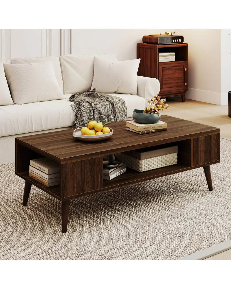 42 Inch Mid Century Modern Coffee Table Rectangular with Open Compartment-Walnut - Walnut - Coffee Tables