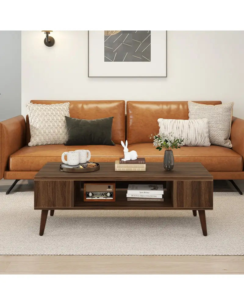 42 Inch Mid Century Modern Coffee Table Rectangular with Open Compartment-Walnut - Walnut - Coffee Tables