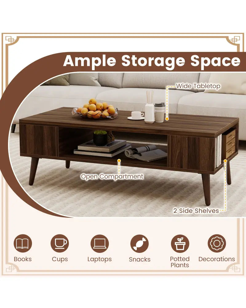 42 Inch Mid Century Modern Coffee Table Rectangular with Open Compartment-Walnut - Walnut - Coffee Tables