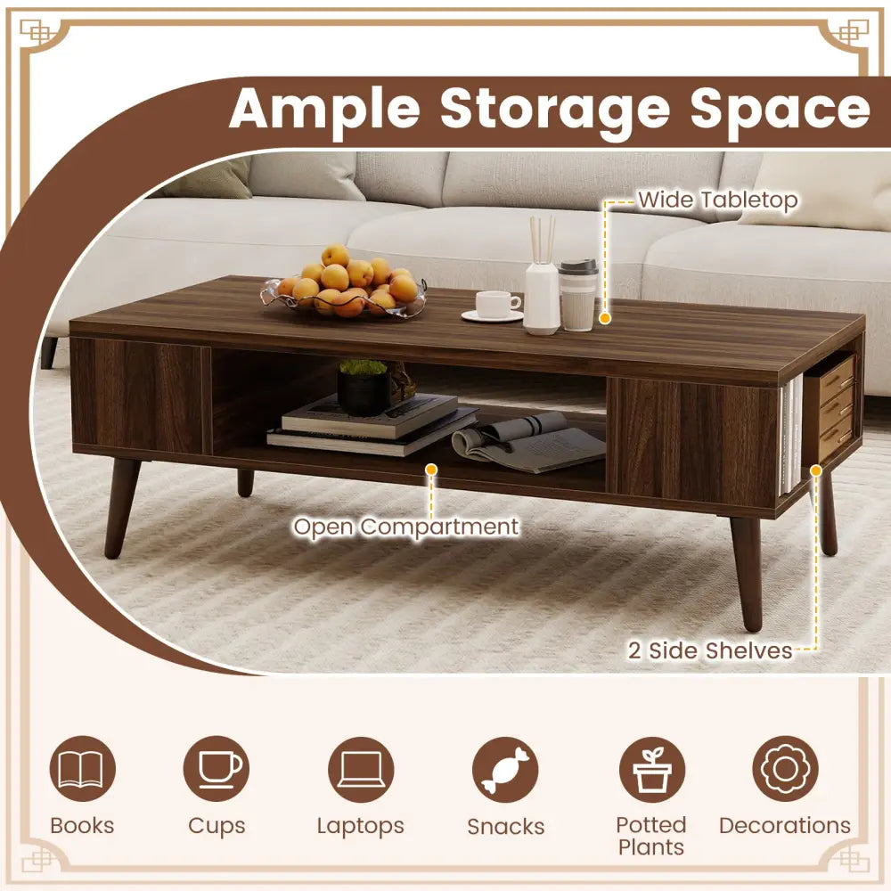 42 Inch Mid Century Modern Coffee Table Rectangular with Open Compartment-Walnut - Walnut - Coffee Tables