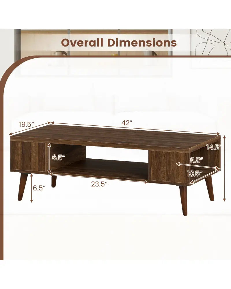 42 Inch Mid Century Modern Coffee Table Rectangular with Open Compartment-Walnut - Walnut - Coffee Tables