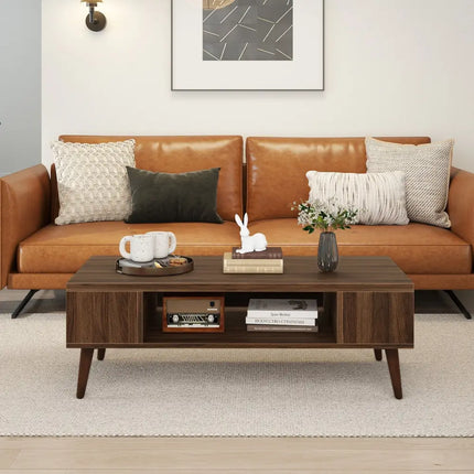 42 Inch Mid Century Modern Coffee Table Rectangular with Open Compartment-Walnut Costway