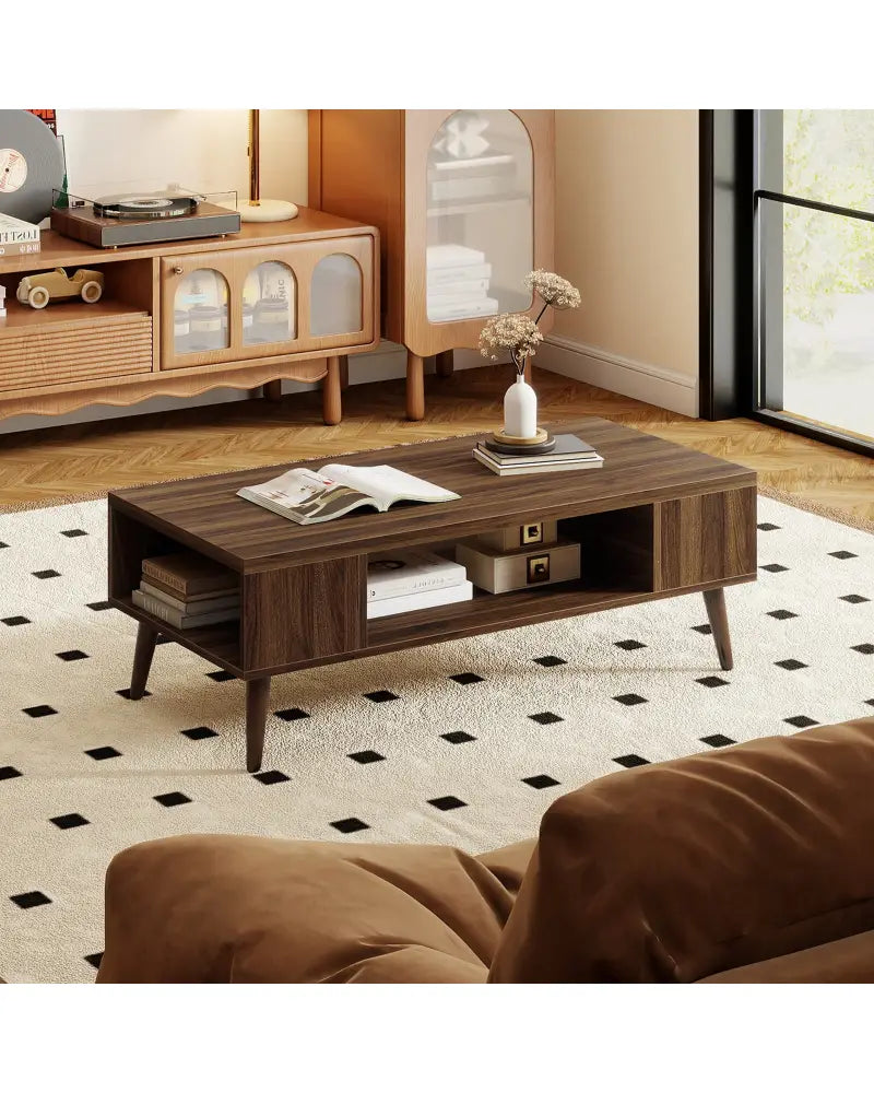42 Inch Mid Century Modern Coffee Table Rectangular with Open Compartment-Walnut - Walnut - Coffee Tables