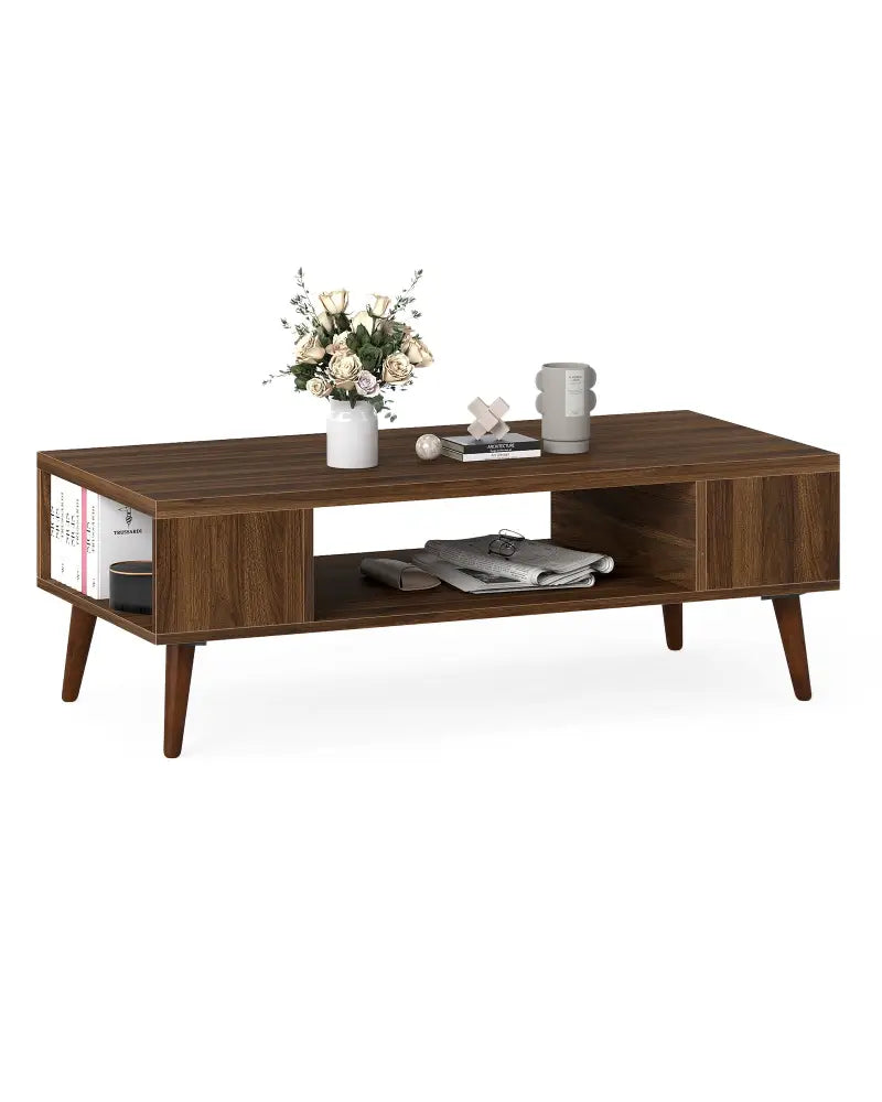 42 Inch Mid Century Modern Coffee Table Rectangular with Open Compartment-Walnut - Walnut - Coffee Tables
