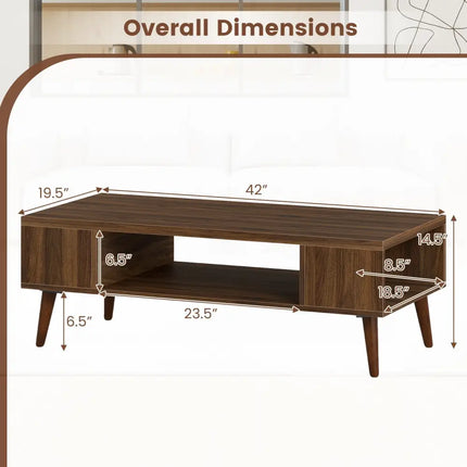 42 Inch Mid Century Modern Coffee Table Rectangular with Open Compartment-Walnut Costway