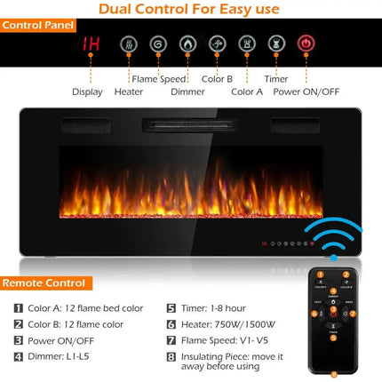 42 Inch Recessed Ultra Thin Electric Fireplace with Timer Costway