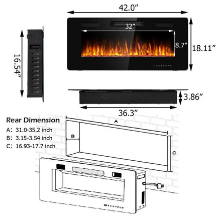 42 Inch Recessed Ultra Thin Electric Fireplace with Timer Costway