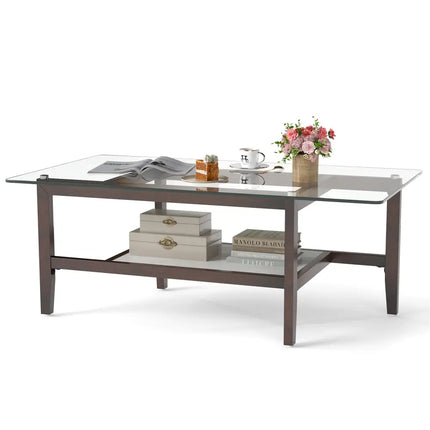 42 Inch Rectangular 2-Tier Glass Coffee Table with Storage Shelf-Brown Costway