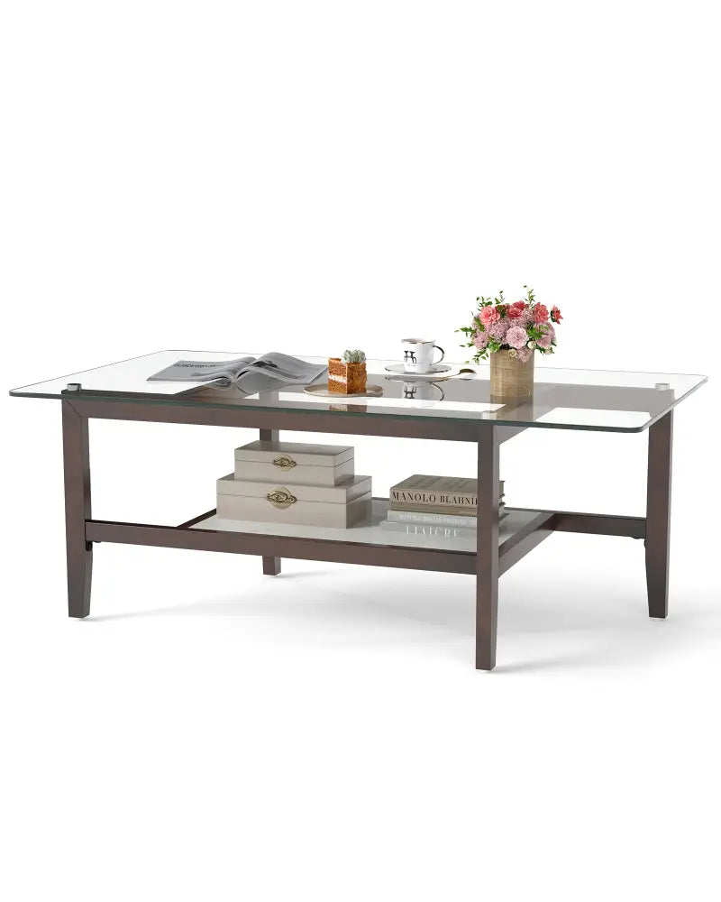 42 Inch Rectangular 2-Tier Glass Coffee Table with Storage Shelf-Brown - Brown - Coffee Tables