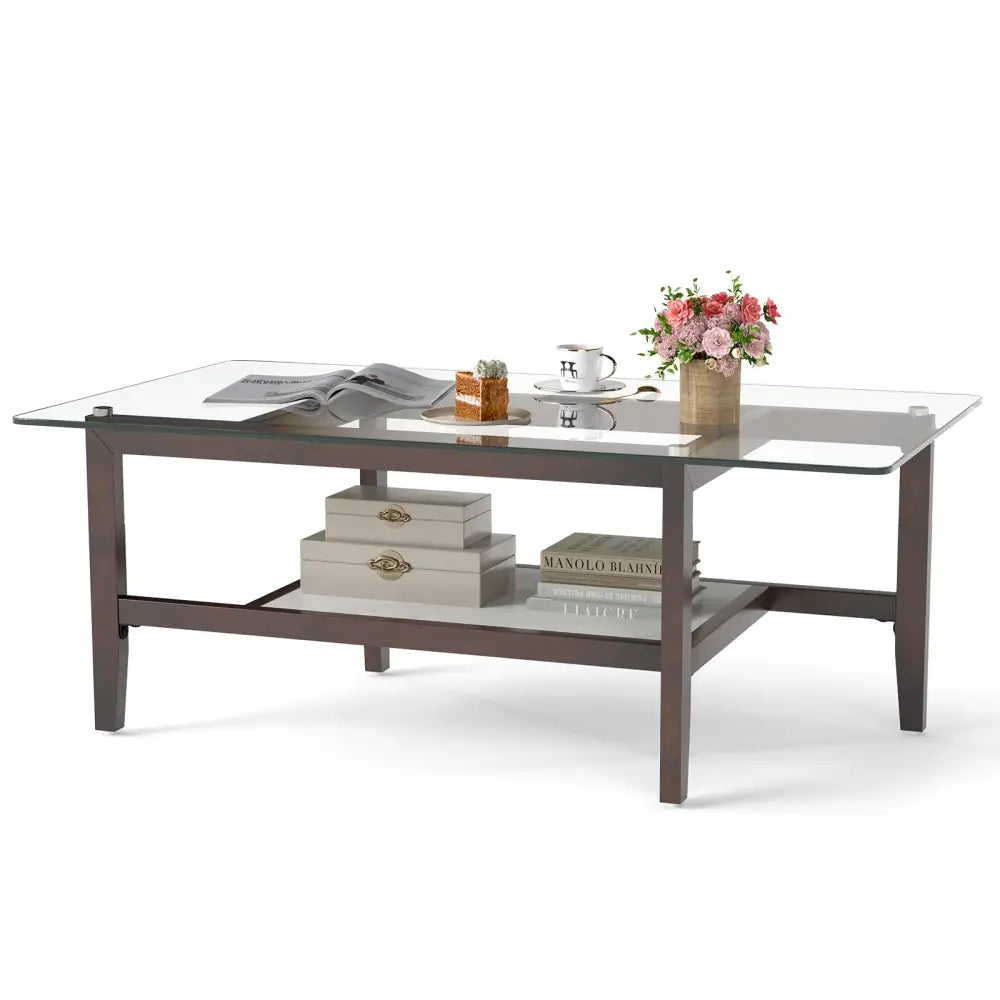 42 Inch Rectangular 2-Tier Glass Coffee Table with Storage Shelf-Brown - Brown - Coffee Tables