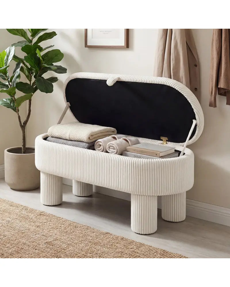 42 Inch Storage Ottoman Bench Corduroy Fabric Upholstered Foot Stool-Beige - Beige - Ottomans