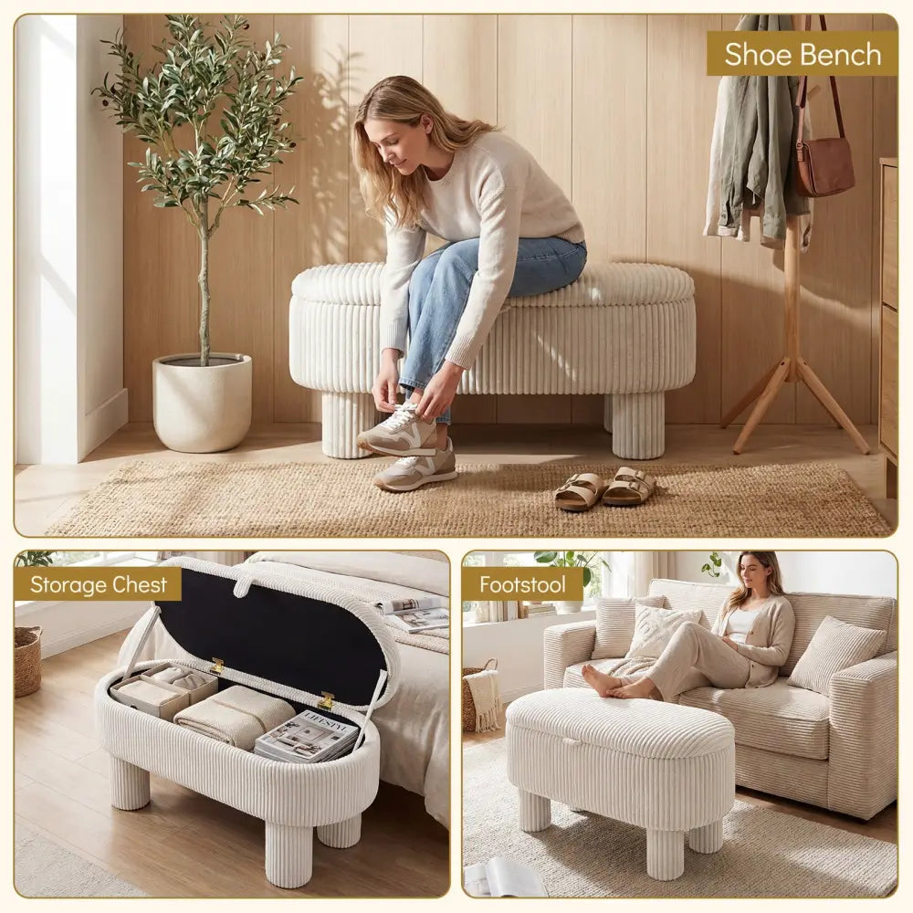 42 Inch Storage Ottoman Bench Corduroy Fabric Upholstered Foot Stool-Beige - Beige - Ottomans