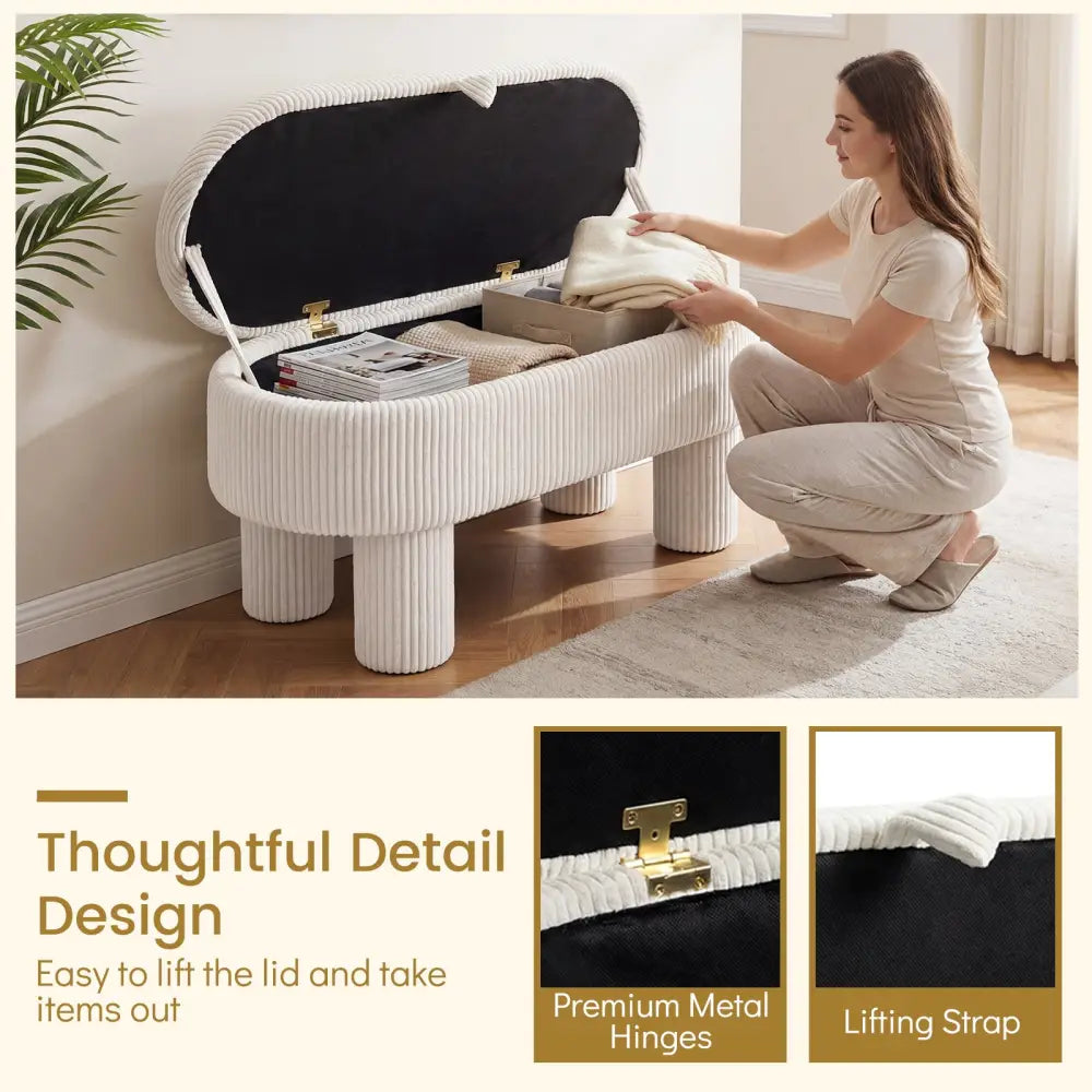 42 Inch Storage Ottoman Bench Corduroy Fabric Upholstered Foot Stool-Beige - Beige - Ottomans