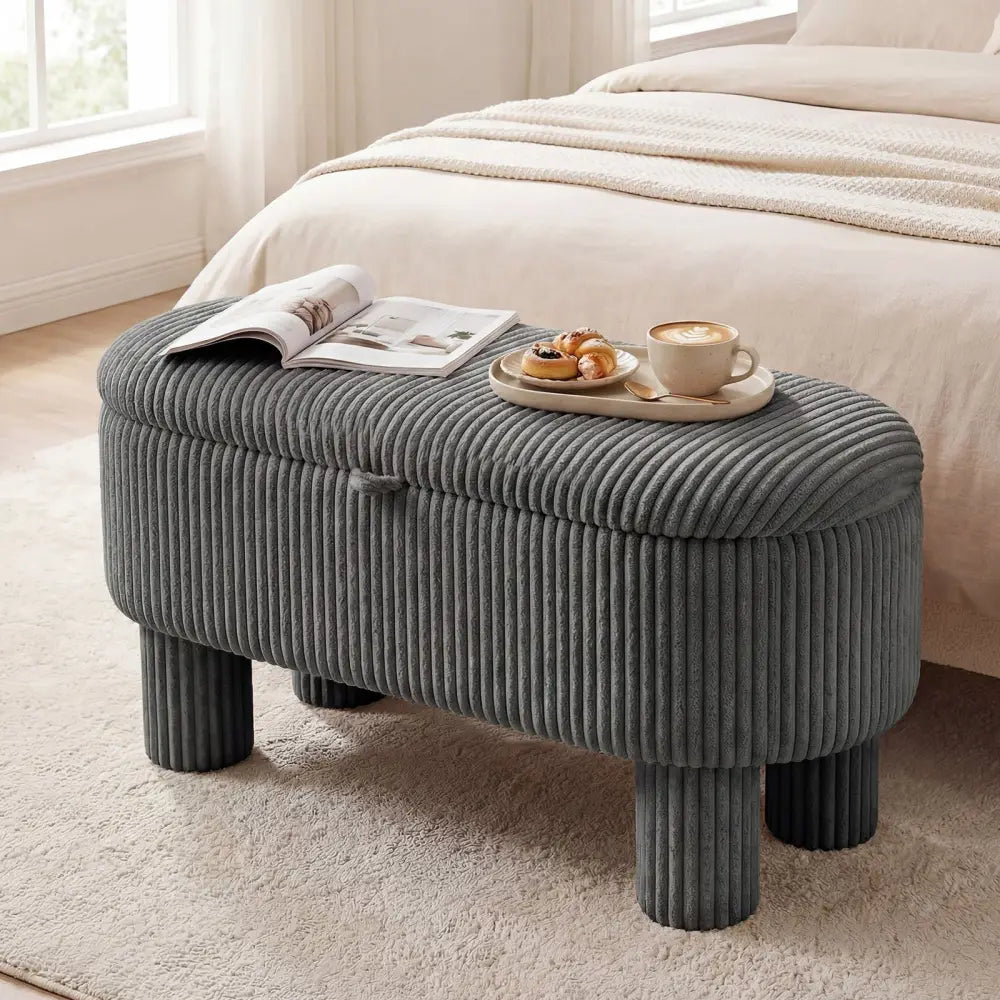 42 Inch Storage Ottoman Bench Corduroy Fabric Upholstered Foot Stool-Gray - Gray - Ottomans