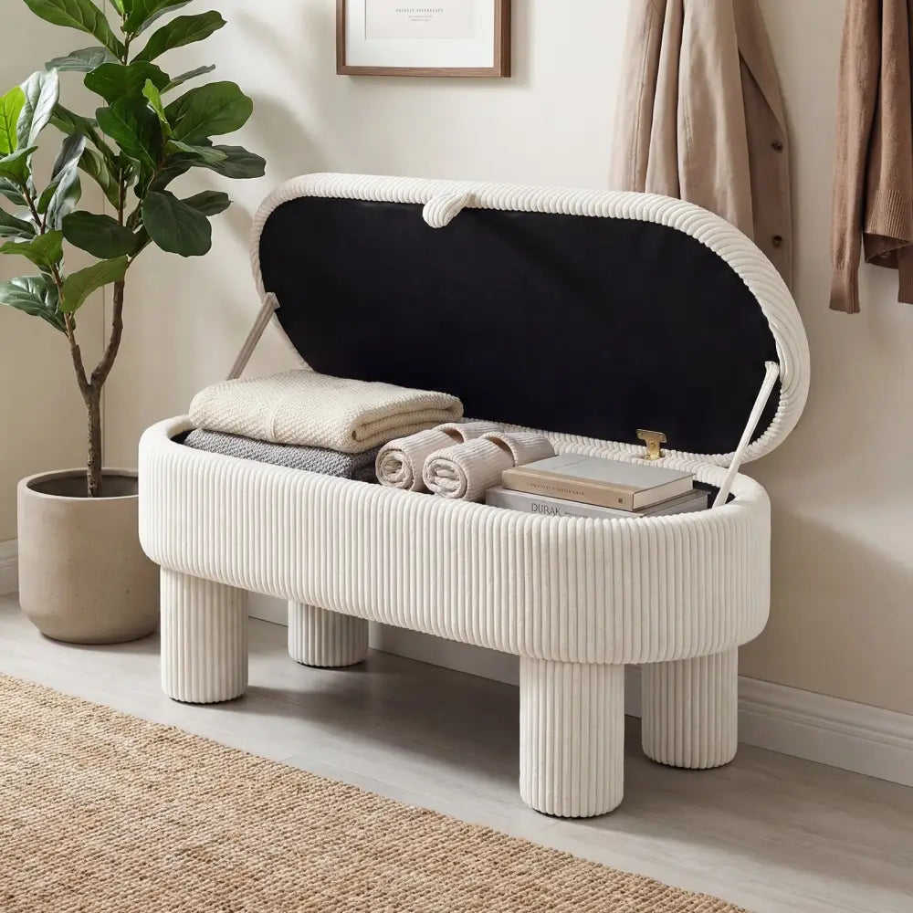 42 Inch Storage Ottoman Bench Corduroy Fabric Upholstered Foot Stool-Beige - Beige - Ottomans