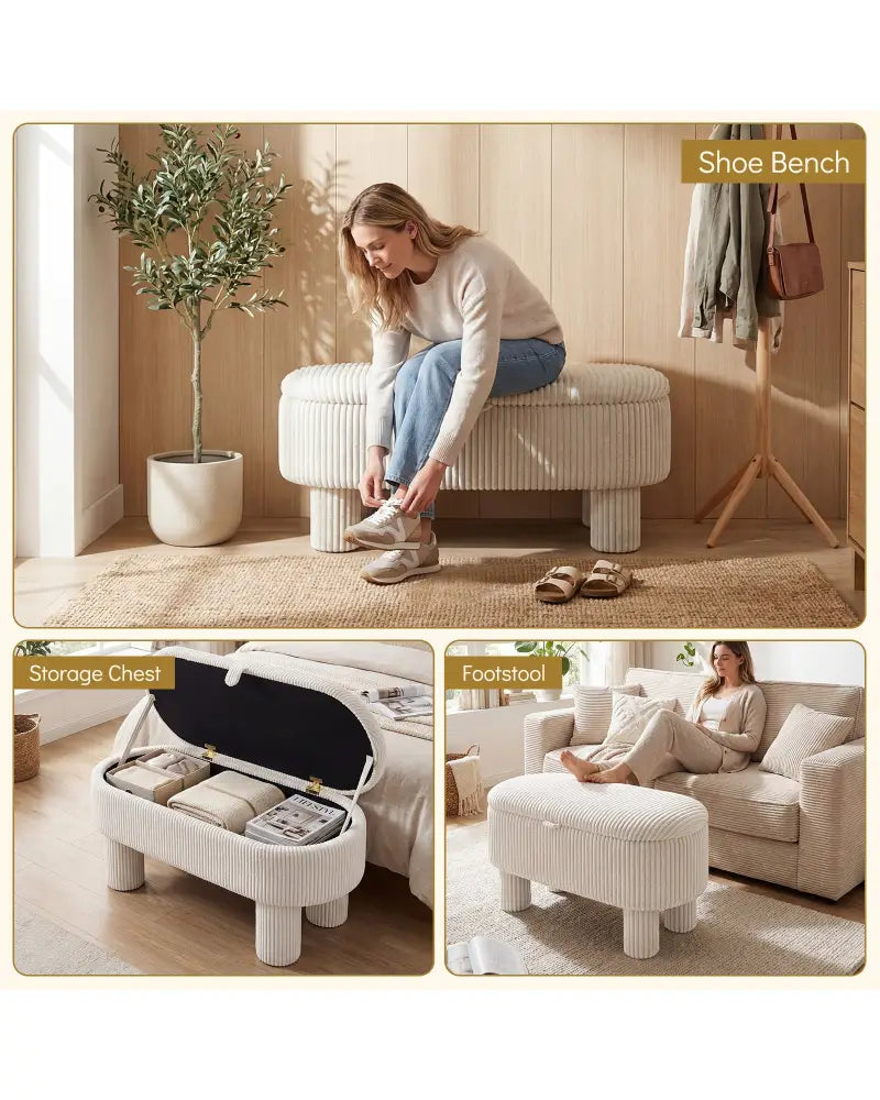 42 Inch Storage Ottoman Bench Corduroy Fabric Upholstered Foot Stool-Beige - Beige - Ottomans
