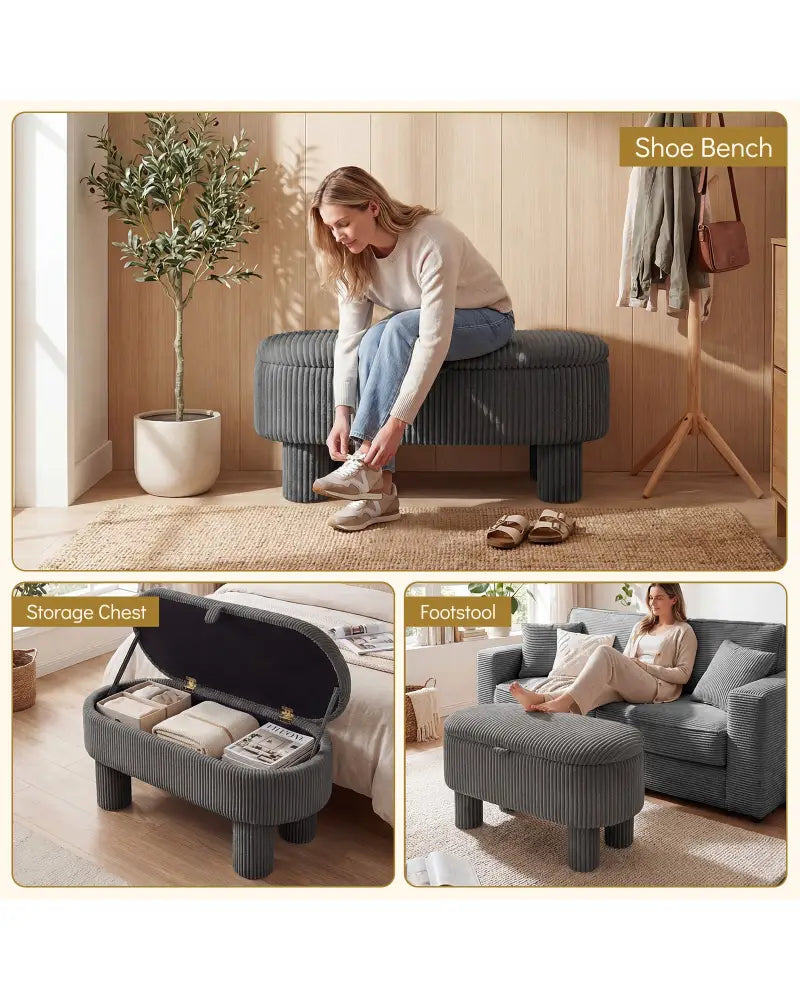42 Inch Storage Ottoman Bench Corduroy Fabric Upholstered Foot Stool-Gray - Gray - Ottomans