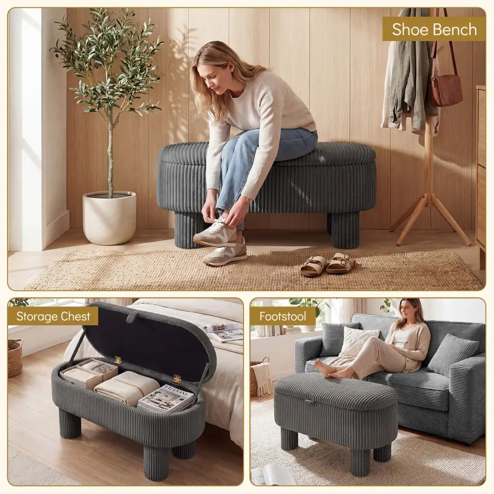 42 Inch Storage Ottoman Bench Corduroy Fabric Upholstered Foot Stool-Gray - Gray - Ottomans