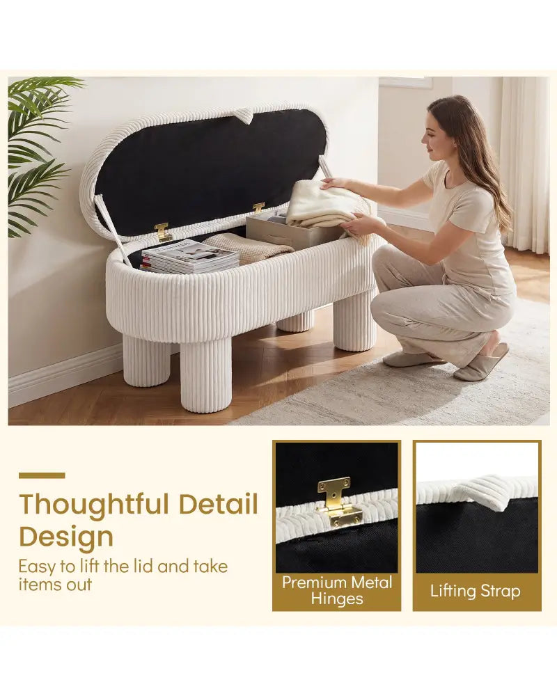 42 Inch Storage Ottoman Bench Corduroy Fabric Upholstered Foot Stool-Beige - Beige - Ottomans
