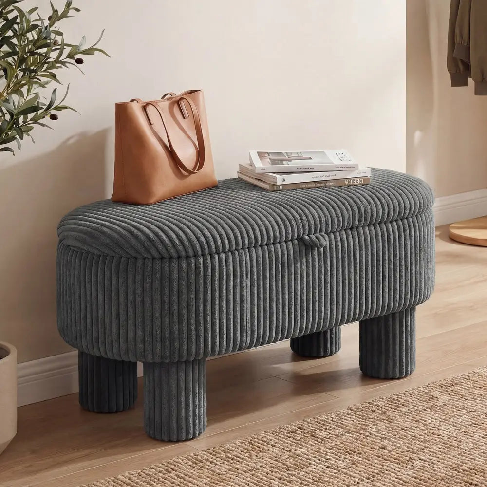 42 Inch Storage Ottoman Bench Corduroy Fabric Upholstered Foot Stool-Gray - Gray - Ottomans