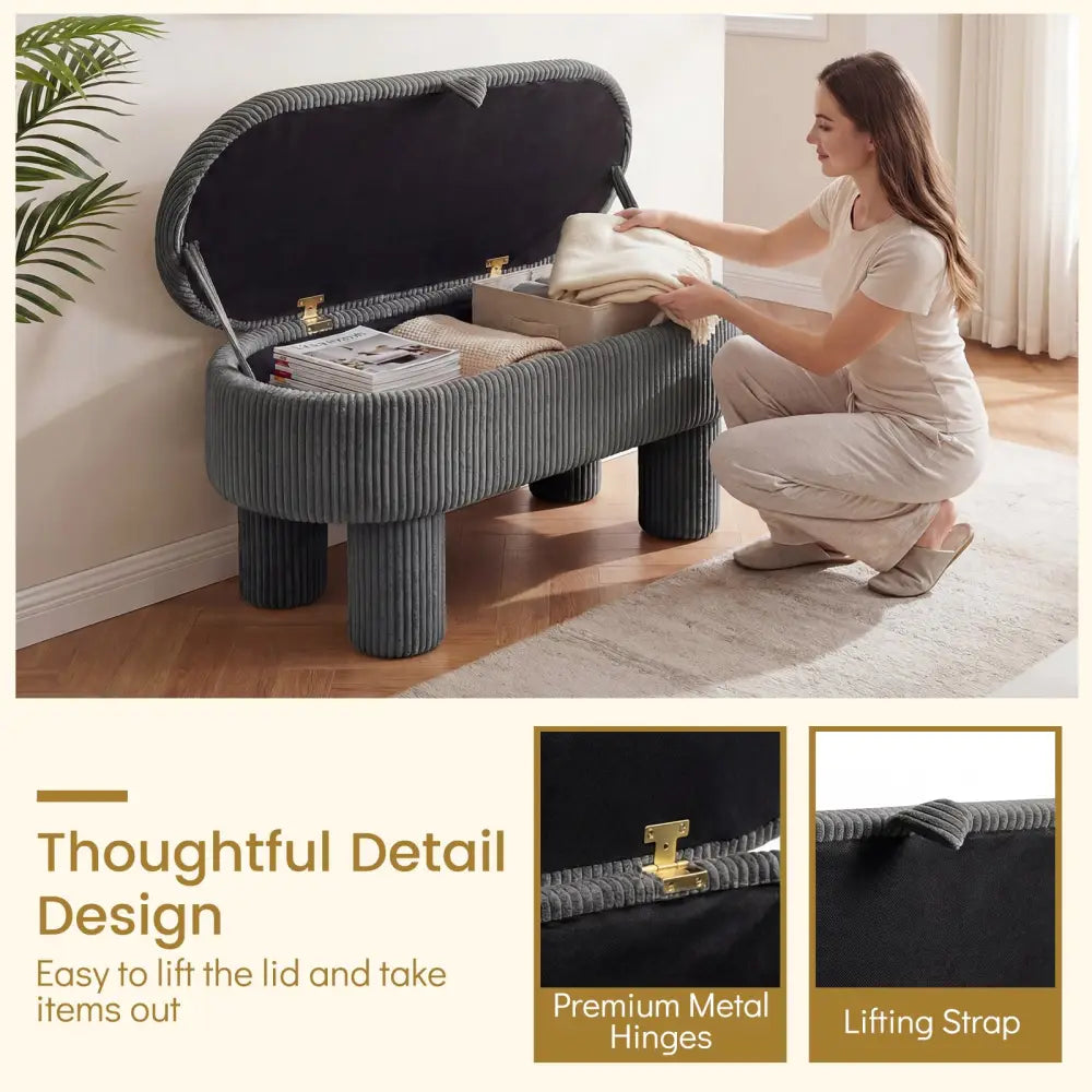 42 Inch Storage Ottoman Bench Corduroy Fabric Upholstered Foot Stool-Gray - Gray - Ottomans