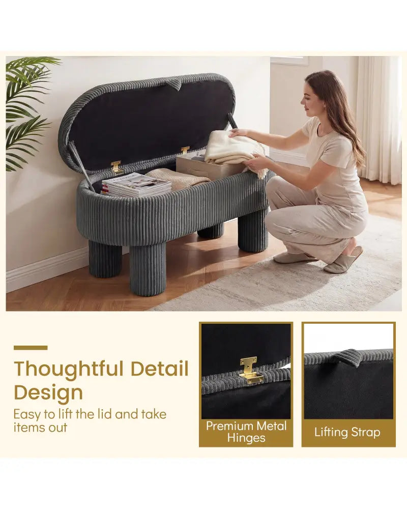 42 Inch Storage Ottoman Bench Corduroy Fabric Upholstered Foot Stool-Gray - Gray - Ottomans