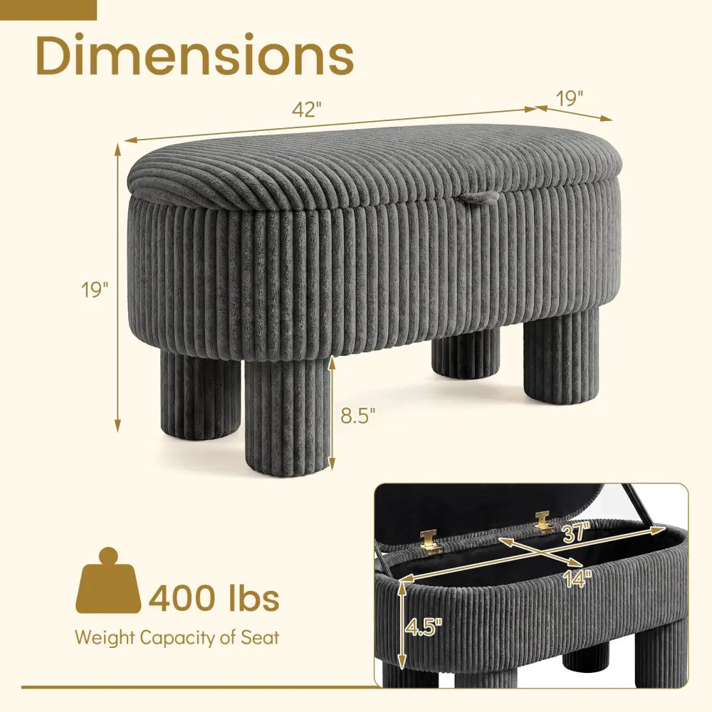 42 Inch Storage Ottoman Bench Corduroy Fabric Upholstered Foot Stool-Gray - Gray - Ottomans