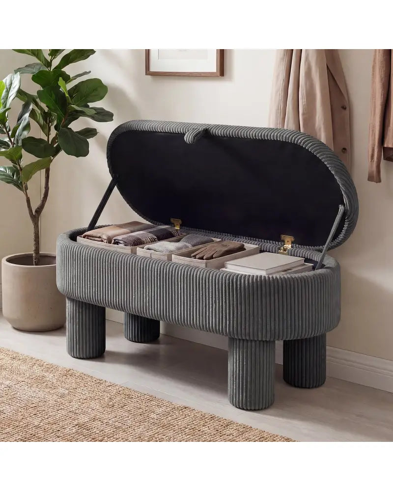 42 Inch Storage Ottoman Bench Corduroy Fabric Upholstered Foot Stool-Gray - Gray - Ottomans