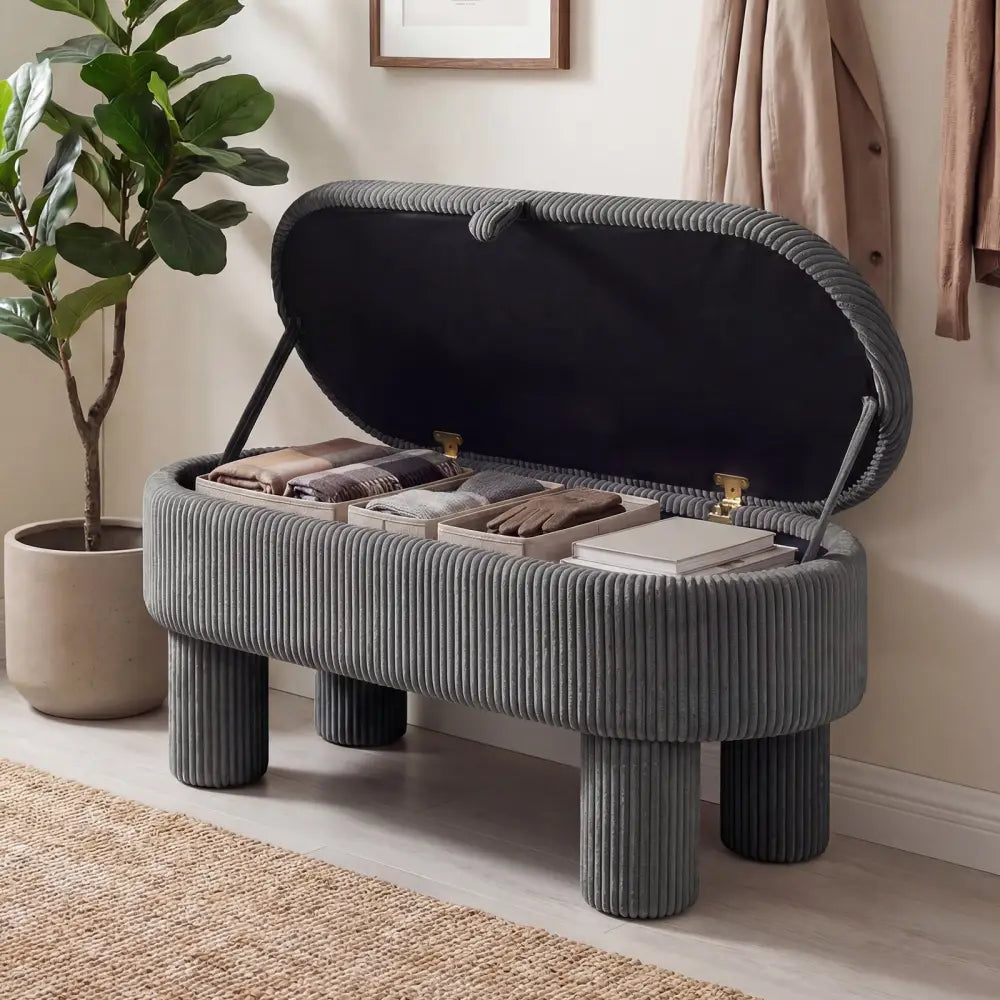 42 Inch Storage Ottoman Bench Corduroy Fabric Upholstered Foot Stool-Gray - Gray - Ottomans
