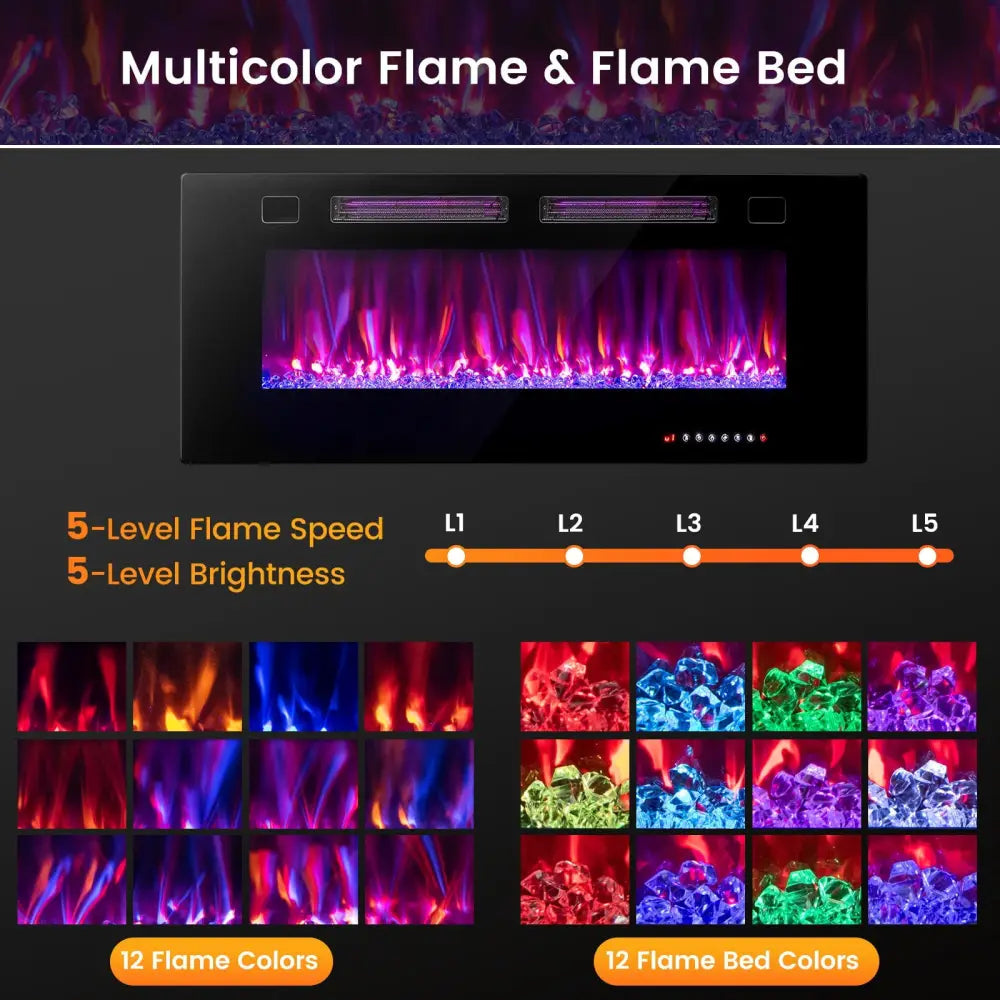 42 Inch Ultra-Thin Electric Fireplace with Decorative Crystals and Smart APP Control-42 inch - Black - Fireplaces