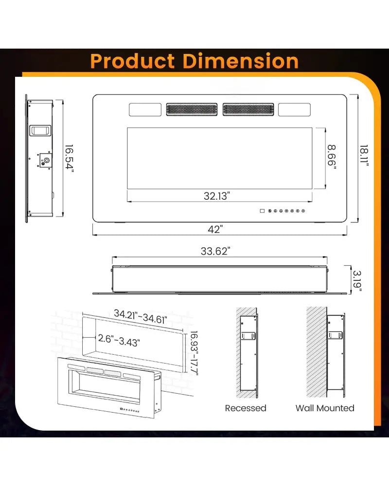 42 Inch Ultra-Thin Electric Fireplace with Decorative Crystals and Smart APP Control-42 inch - Black - Fireplaces